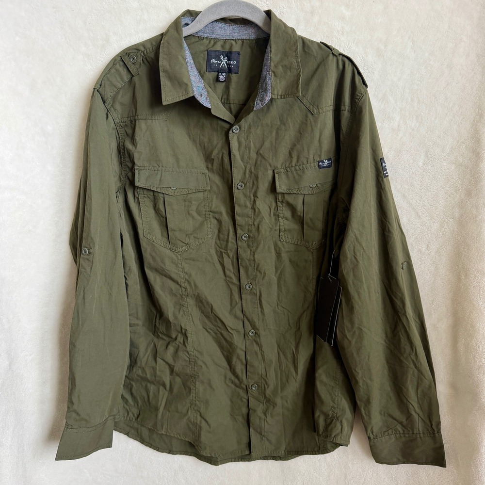 Marc Ecko Cut Sew Mens Army Green Military Utility Shirt With Epaulets Sz XL
